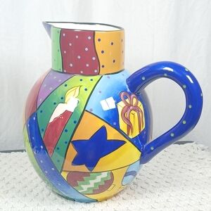 Studio Designworks Colorful Collage Holiday Christmas Ceramic Pitcher 3 Quarts